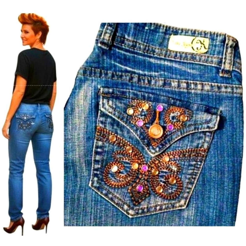 Y2K Kaba Jeans Jeweled Jrs Sz 11 28W Straight Leg Bling Boho Embroidered Fancy